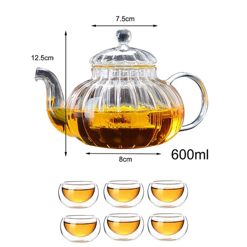 600 мл Полосатый чайник в форме тыквы в виде цветка Стеклянный чайник с заварочным устройством Чайный лист травяной термостойкий стеклянный горшок Цветочная чашка для чая