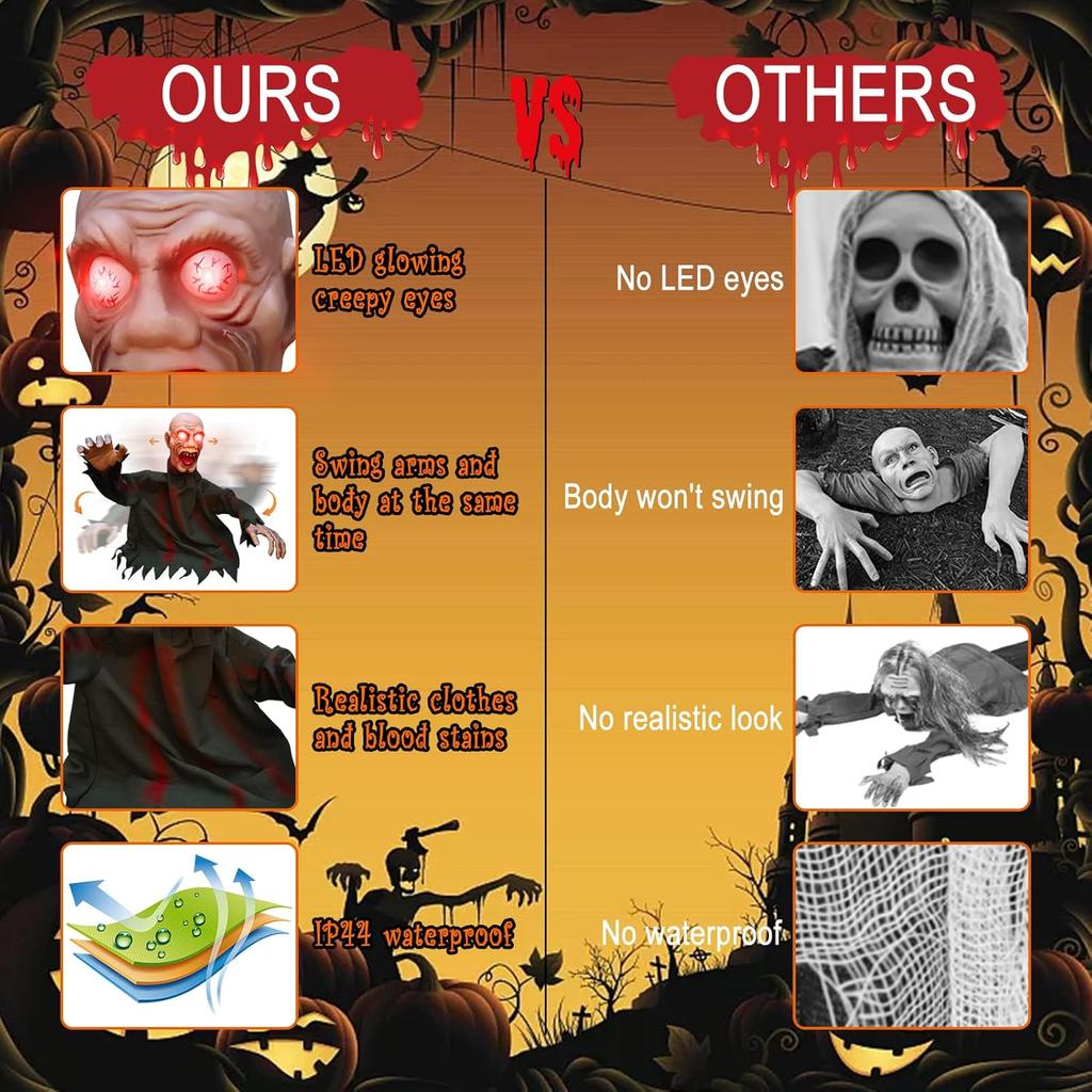 Voice Activated Halloween Ghost Decoration with LED Eyes Hanging Zombie Props Spooky Sound Effects for Party Garden Graveyard