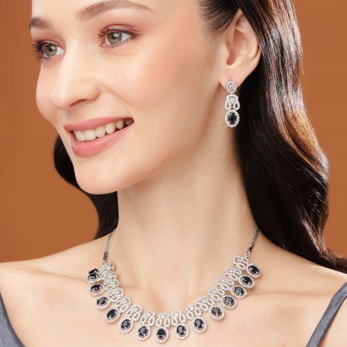 Estele Women's Sparkling Necklace Set with Rhodium Plated and CZ and Blue Crystals