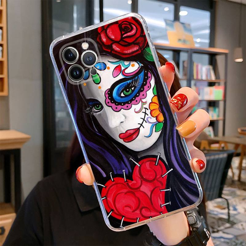 Catrina Beautiful Rose Girl Skull Phone Case For iPhone 14 13 12 11 Pro Max XS X XR SE 2020 6 7 8 Plus Mini Transparent Shell
