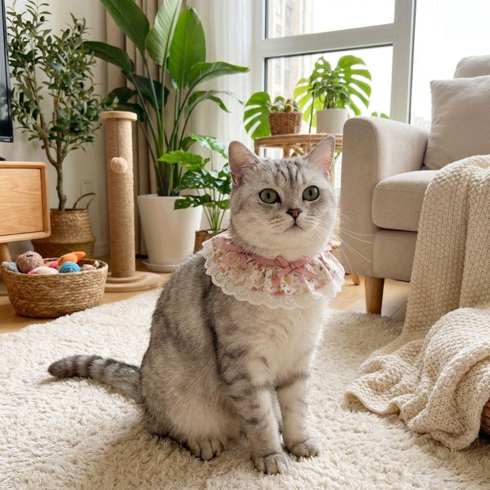 Cartoon Knitted Collar Lace Floral Bows Pet Bib Cute Cat Clothes Cat Accessories