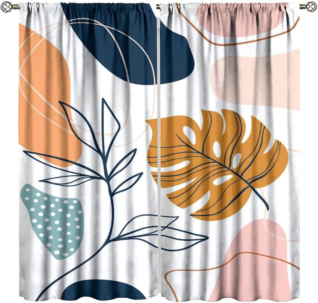 Занавеска в стиле Mid Century Abstract Boho, Оранжевый Декор, Весна Лето, Розовый Зеленый, Природный Лист, Солнце, Современный Дом, Кухня, Гостиная, Кофейный