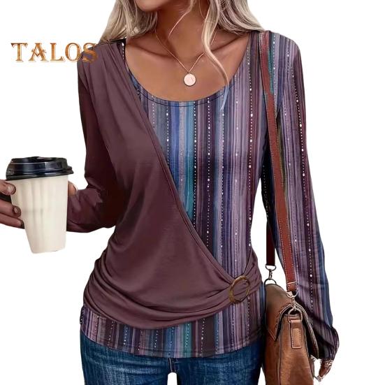 Женские топы с круглым вырезом и длинными рукавами, пуловеры, полосатые принты, повседневная свободная футболка, повседневная одежда