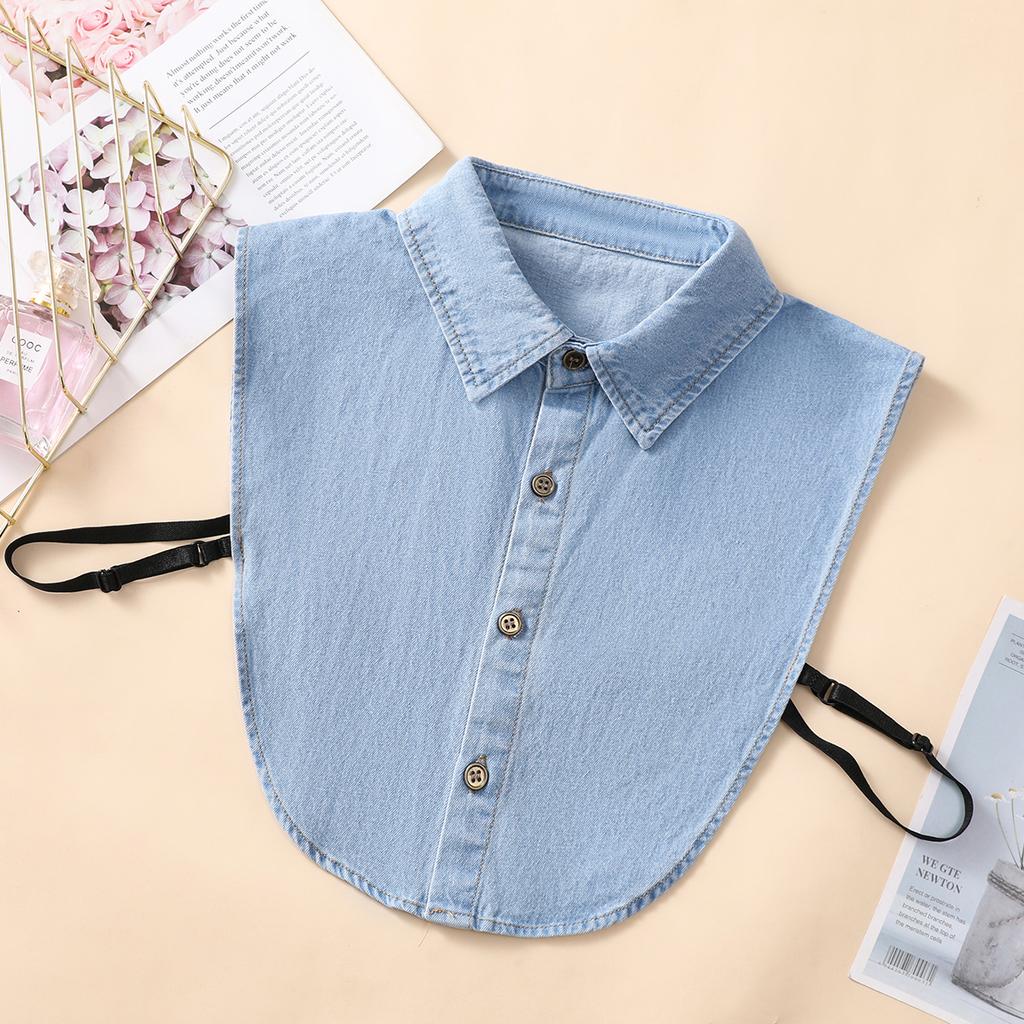 Women's Blue Washed Denim Pointed Collar Fake Collar, Professional Casual Versatile Decoration Half Shirt Style Collar
