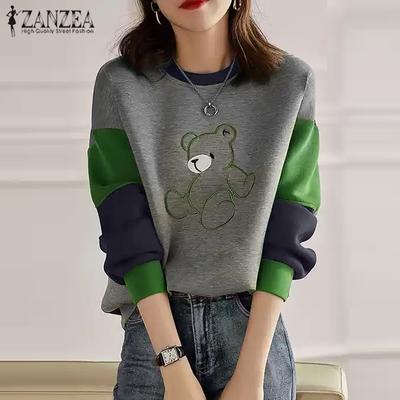 Женские осенние толстовки с круглым вырезом и длинным рукавом с принтом медведя контрастного цвета