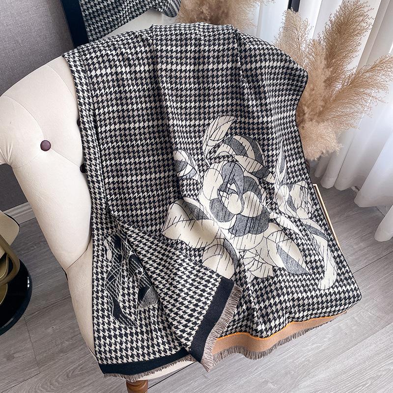 Imitation Cashmere Camellia Thousand Bird Grid Double-Sided Thermal Air Conditioner Shawl Winter Versatile Decorative Scarf
