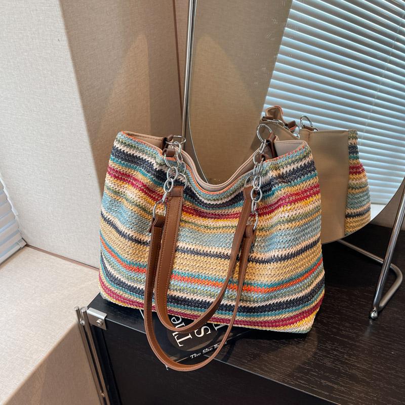 Женская сумка через плечо, полосатая сумка-тоут контрастного цвета, плетеная сумка-тоут, большая вместимость, плетеная сумка из соломы