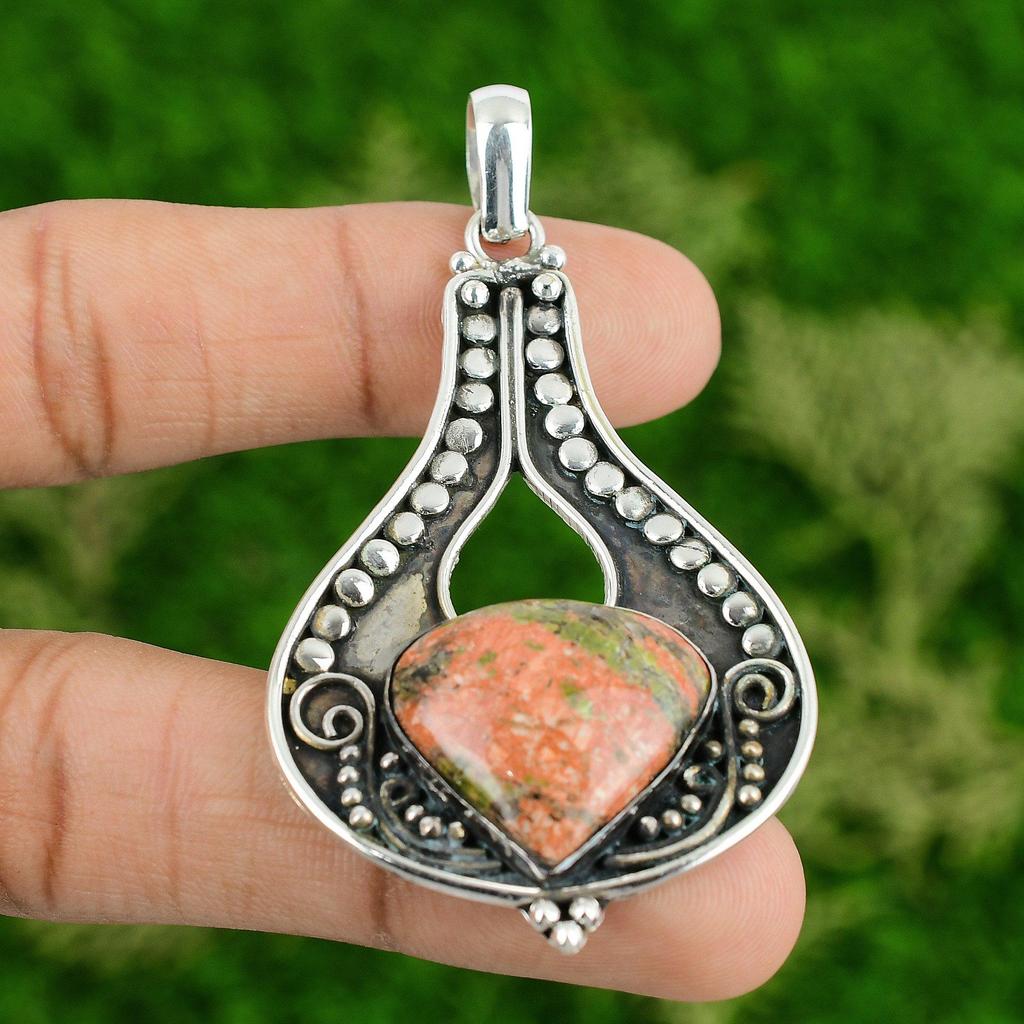 Unakite Gemstone Bezel Trendy Heart Chakra Pendant Jewelry 925 Sterling Silver