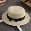 Beach Straw Hat Flat Top Wide Brim Sun Protection Hat with Black Ribbon Bow Hand-Woven Breathable