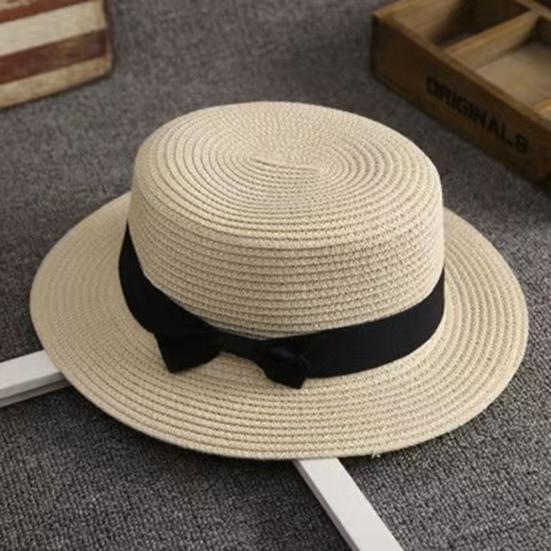 Beach Straw Hat Flat Top Wide Brim Sun Protection Hat with Black Ribbon Bow Hand-Woven Breathable