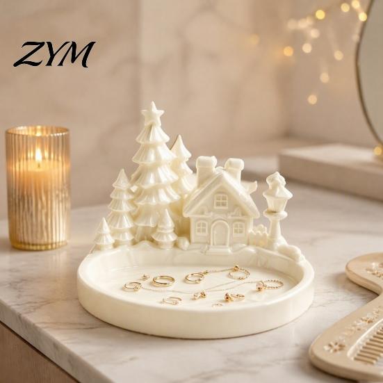 Nordic Style Storage Dish Christmas Winter Village Jewelry Tray, 3D Printed Snow House Pine Tree Decorative Dish, Candy for Holiday Party Mini Desktop