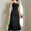 European and American Style Black Camisole Skirt, Women's Side Waist Small Pleated Waist Tied Slim Dress