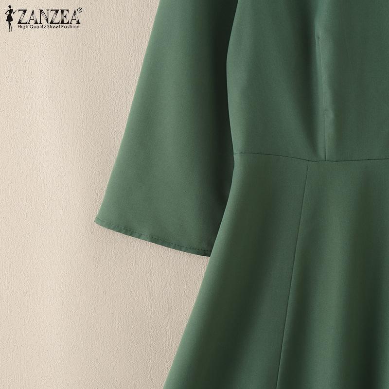 ZANZEA Women Casual Round Neck 3/4 Sleeve A-Line Long Dress