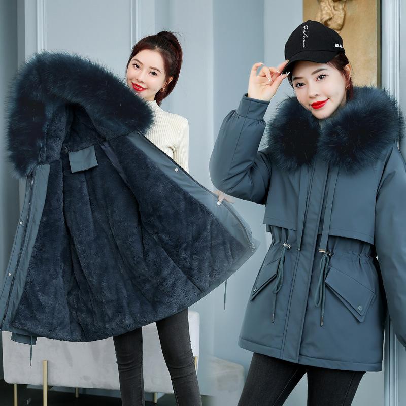 Winter Cotton-padded Clothes Women's Medium and Long Pie Overcomes Hairy Inner Fur Collar Hooded Down Cotton-padded Clothes Women's