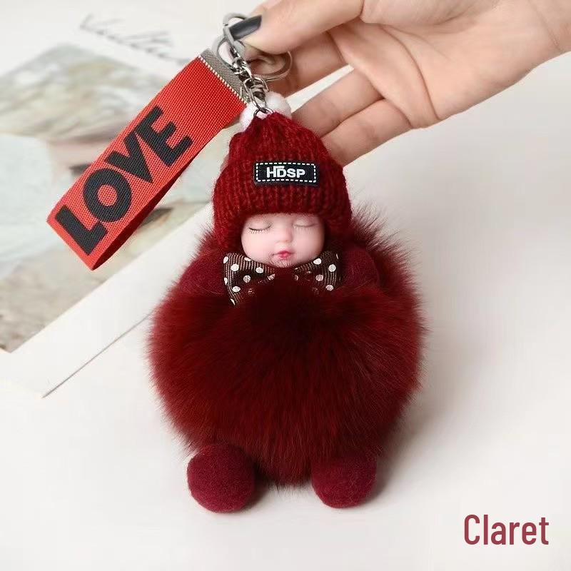 Exquisite Handmade Plush Sleeping Doll Pendant with Faux Mink Fur, Perfect As a Backpack Accessory