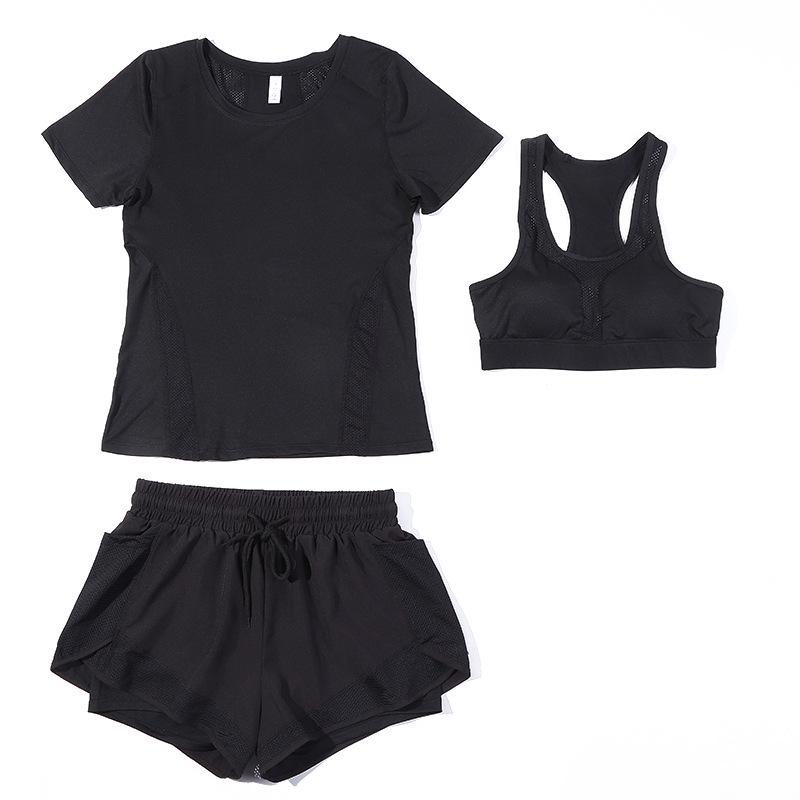 Женский летний комплект из трех предметов для йоги: Эластичная, быстросохнущая, дышащая и легкая спортивная одежда для фитнеса, бега и йоги.
