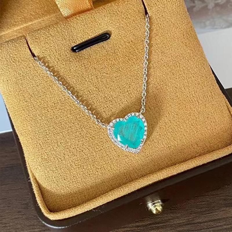 S925 Silver Heart Paraiba Necklace - Women's Layered Clavicle Chain Pendant