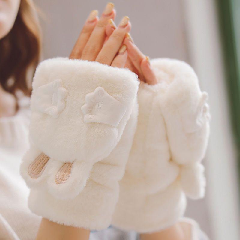 Зимние утепленные и утолщенные теплые перчатки женские, закрывающие лицо, щурящиеся кроличьи уши, милые плюшевые перчатки с застежкой-молнией, студенческие перчатки
