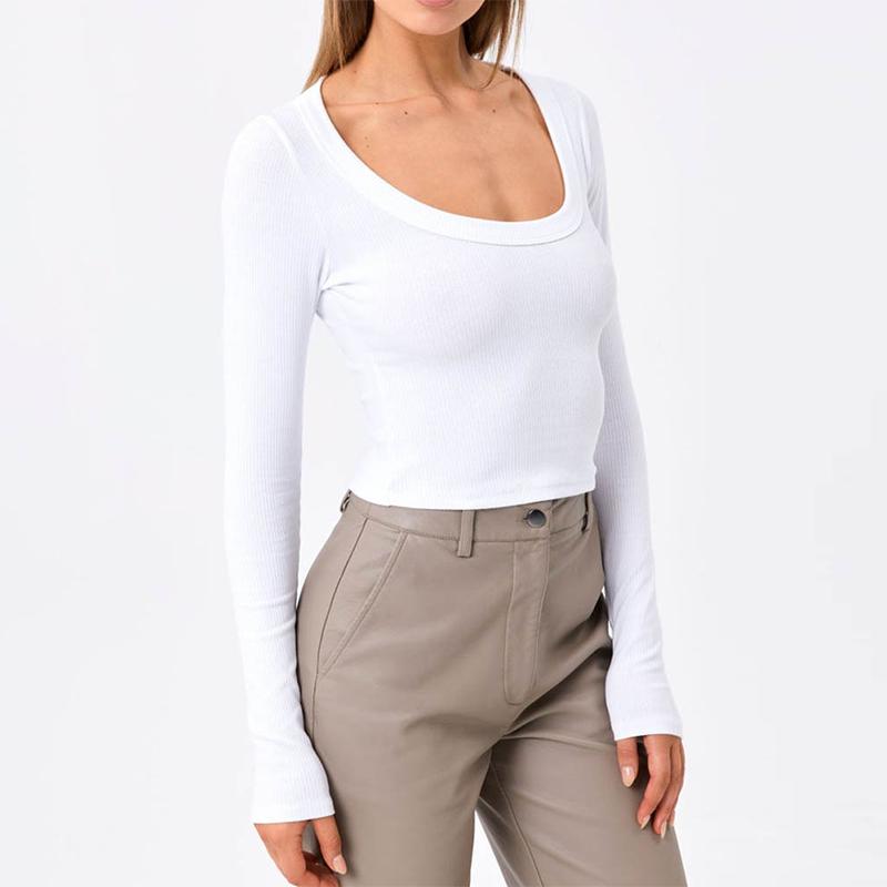 Womens Scoop Neck Long Sleeve T-Shirts Casual Basic Ribbed Crop Knit Tops Spring Autumn Slim Fit Solid Color Bottoming Shirt