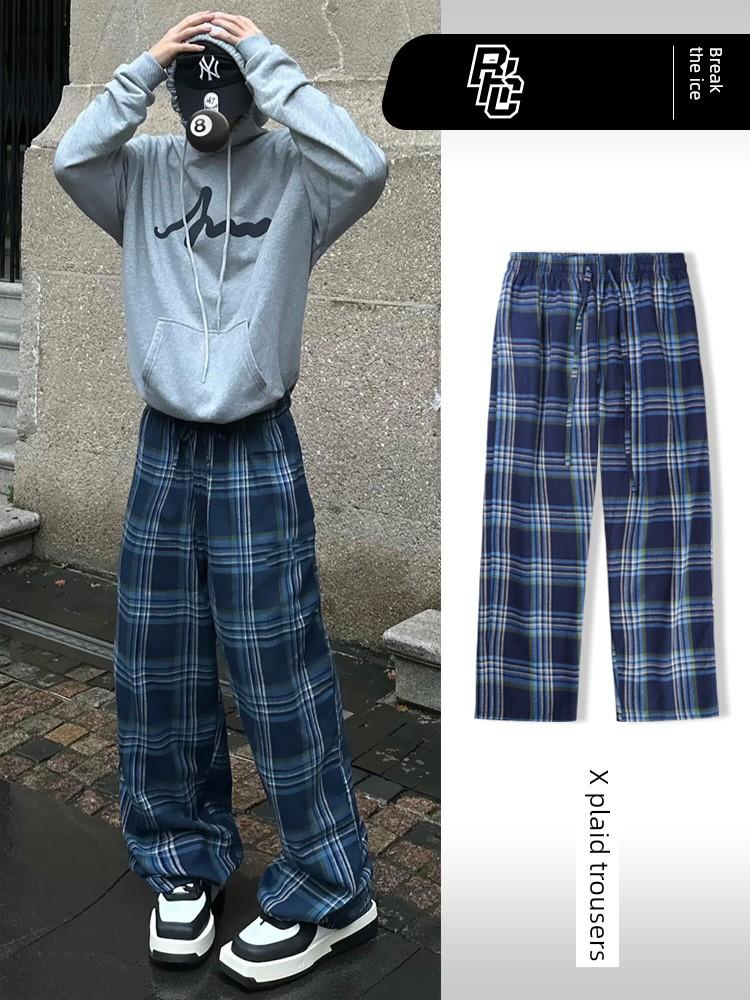 Plaid Pants Loose Straight High Street New Versatile Casual Sports Sweatpants with a Vertical Feel Black and White Basketball Long Pants for Men