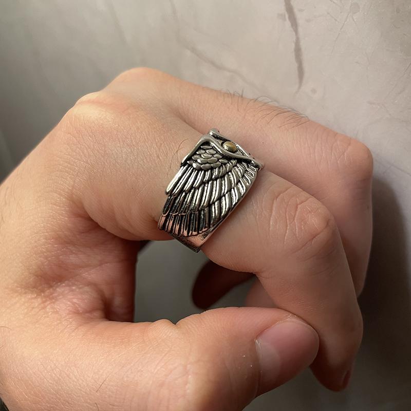 Кольцо в стиле ретро с крыльями ангела-демона для мужчин, серебряное, панк-готическое, открытое кольцо, ручная работа, рок-хип-хоп, унисекс, ювелирные изделия, аксессуары, подарок для мужчин