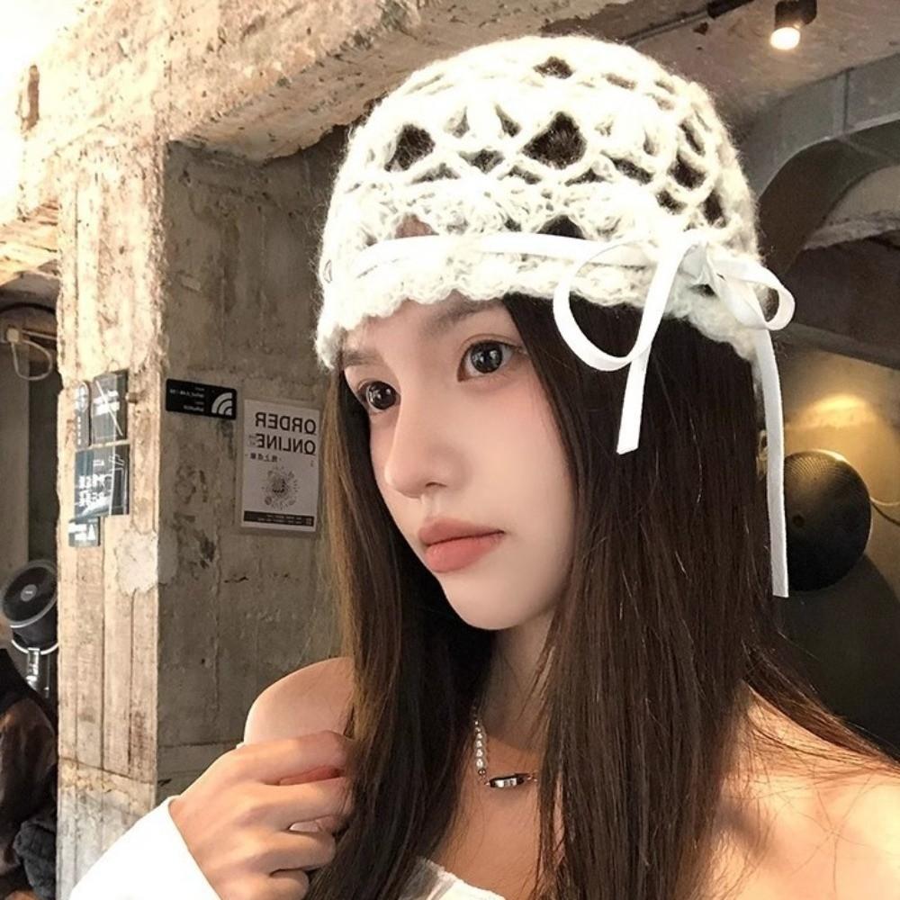 Hollow Design Knitted Hat with Knot Crochet Hat Fashion Women's Hat Autumn
