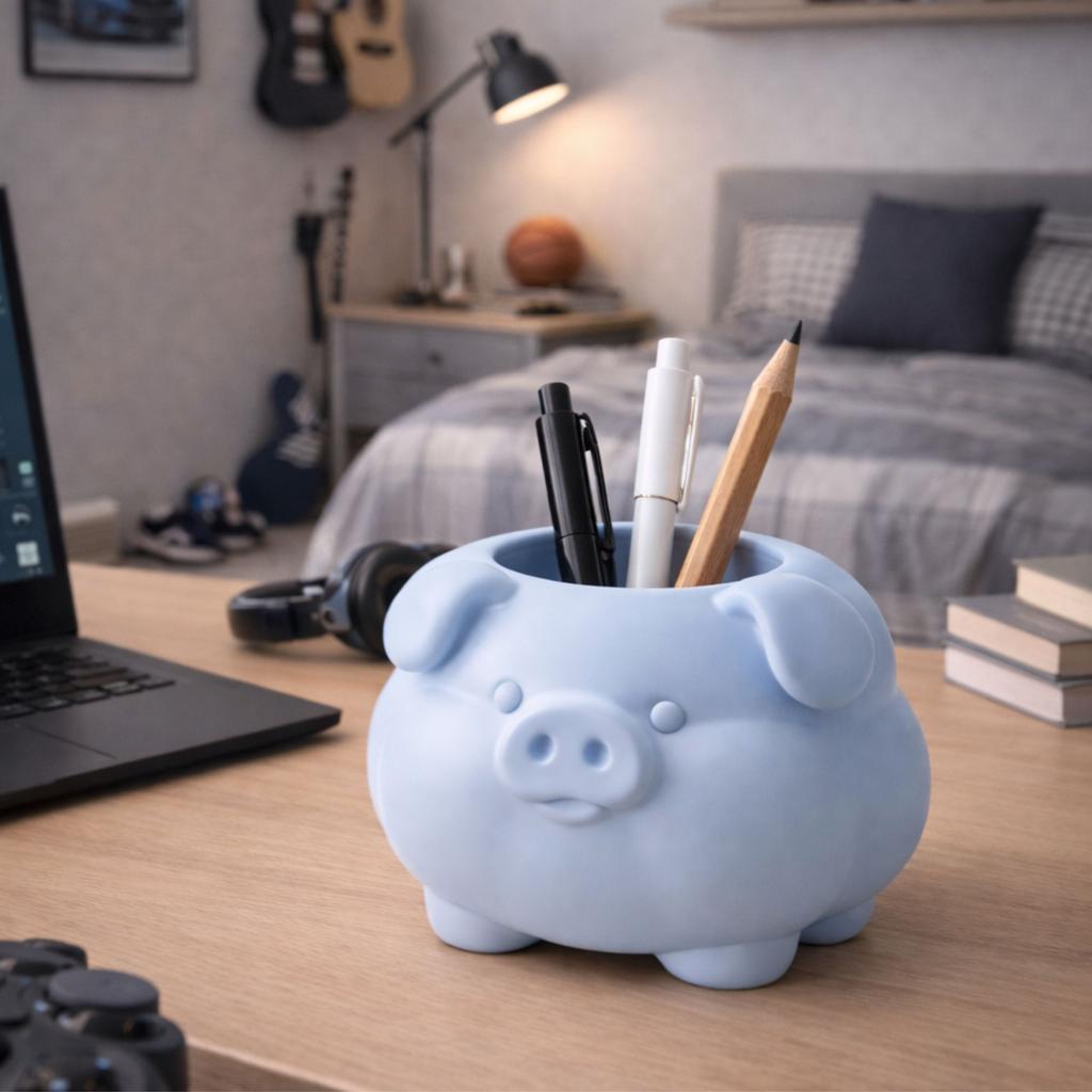 A container in the shape of a plump blue pig