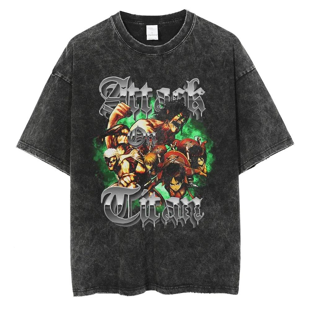 Washed Attack On Titan Cotton Mens Vintage Japan Anime Oversize Shirts Streetwear Short Sleeve TShirt Loose Cotton Tops