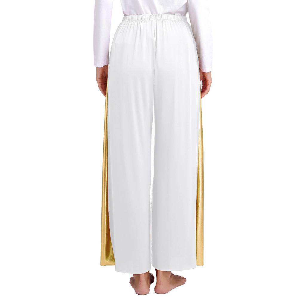 Womens Liturgical Dance Set Round Neck Long Sleeve Metallic Shiny Patchwork Irregular Dress Wide Leg Pants