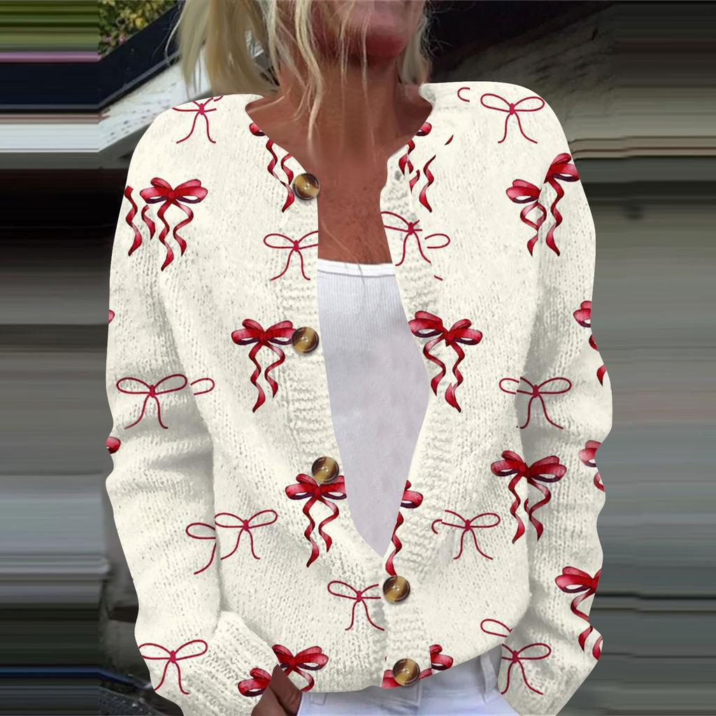 Женская мода с принтом банта, длинный рукав, вязаный кардиган, куртка на пуговицах