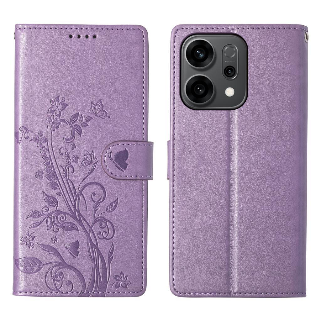 For Oppo Reno14 F 5G Wallet Case Butterfly Floral Imprint PU Leather Phone Cover with Wrist Strap
