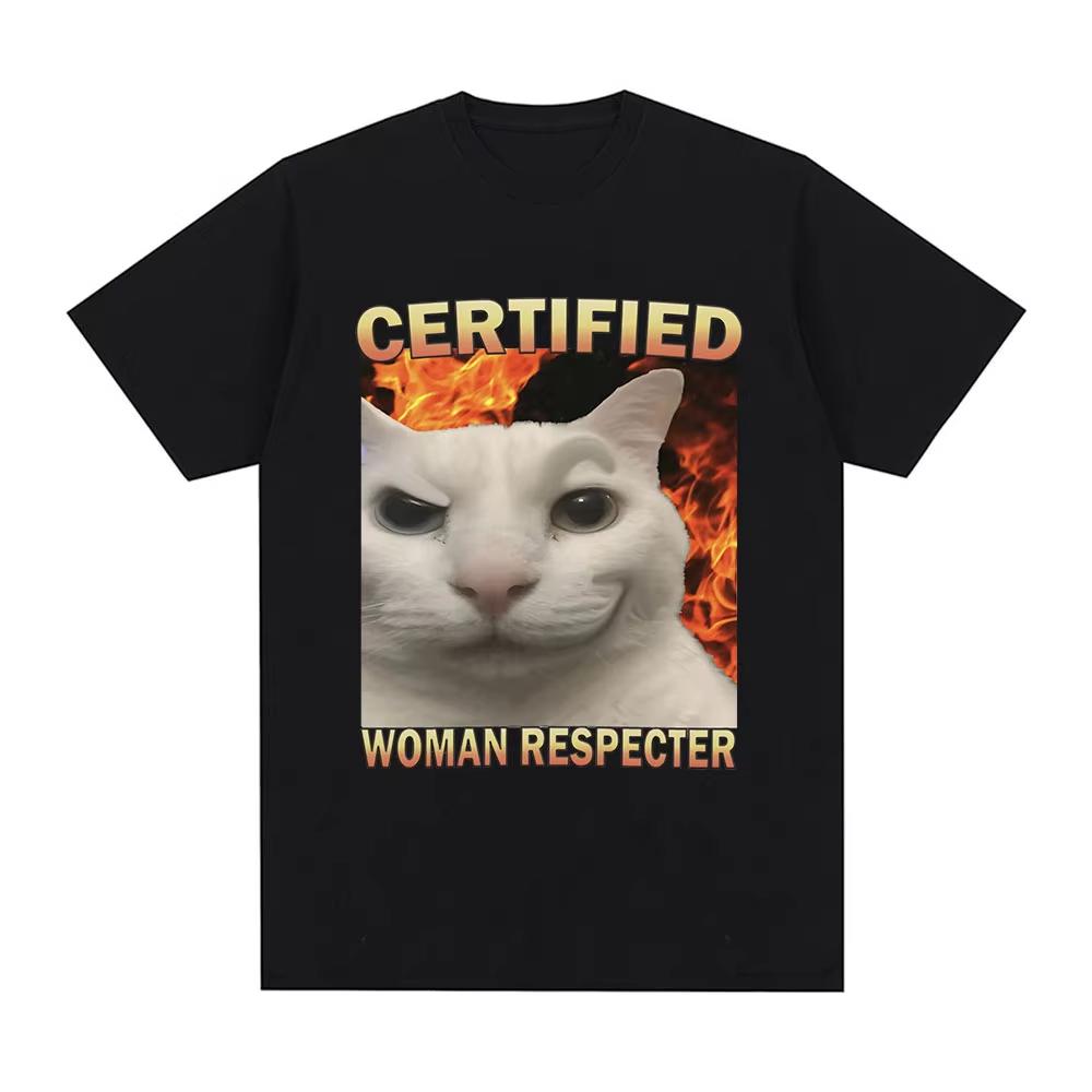 2026 SpringSummer Certified Feminine Respecter Funny Cat Emoticon Mens and Womens Fashion Retro TShirts