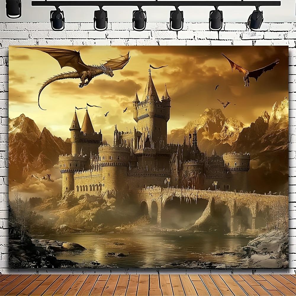 2D plane, 1 medieval castle and dragon background fabric, suitable for fantasy-themed decoration, for indoor and outdoor use