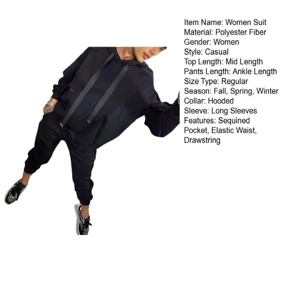 2 Pcs/Set Women Hoodie Pants Suit Long Sleeves with Sequined Pocket Solid Color Top Elastic Waist Trousers Daily Wear Sport Outfit Fall Spring