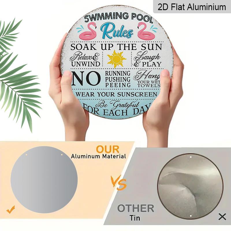 2D Flat, 1pc 7.87x7.87 Inch Round French Aluminum Sign, Vintage Decorative Plaque for "Pool Rules", "Pool Reminder" Decorative Sign, Suitable for