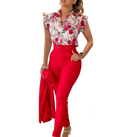 2 шт./компл. летние наряды с v-образным вырезом на пуговицах и высокой талией с рюшами на рукавах и принтом, повседневная одежда, одинаковый пояс