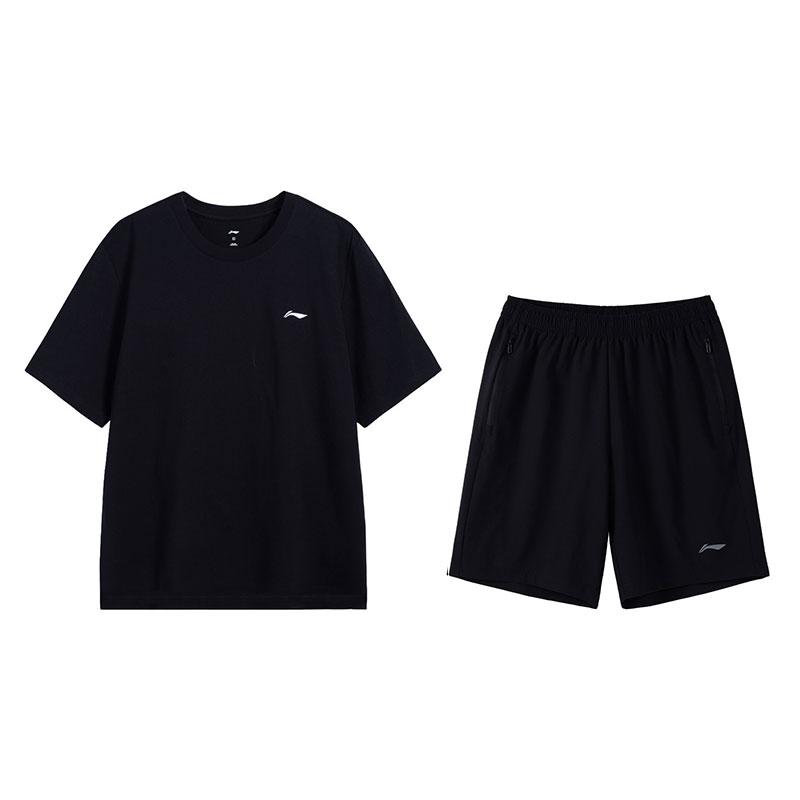Li-Ning Повседневная универсальная дышащая футболка удобные шорты спортивный костюм мужская спортивная одежда Черный B61-1+W515-1