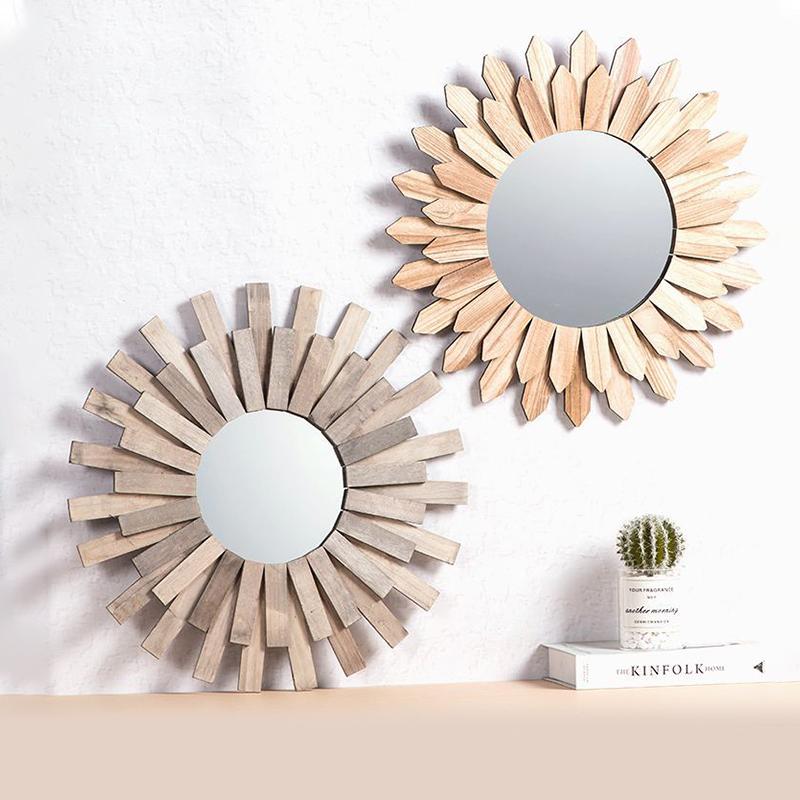 Wooden Wall Mounted Decorative Mirror Bohemian Rustic Wood Farmhouse Mirror