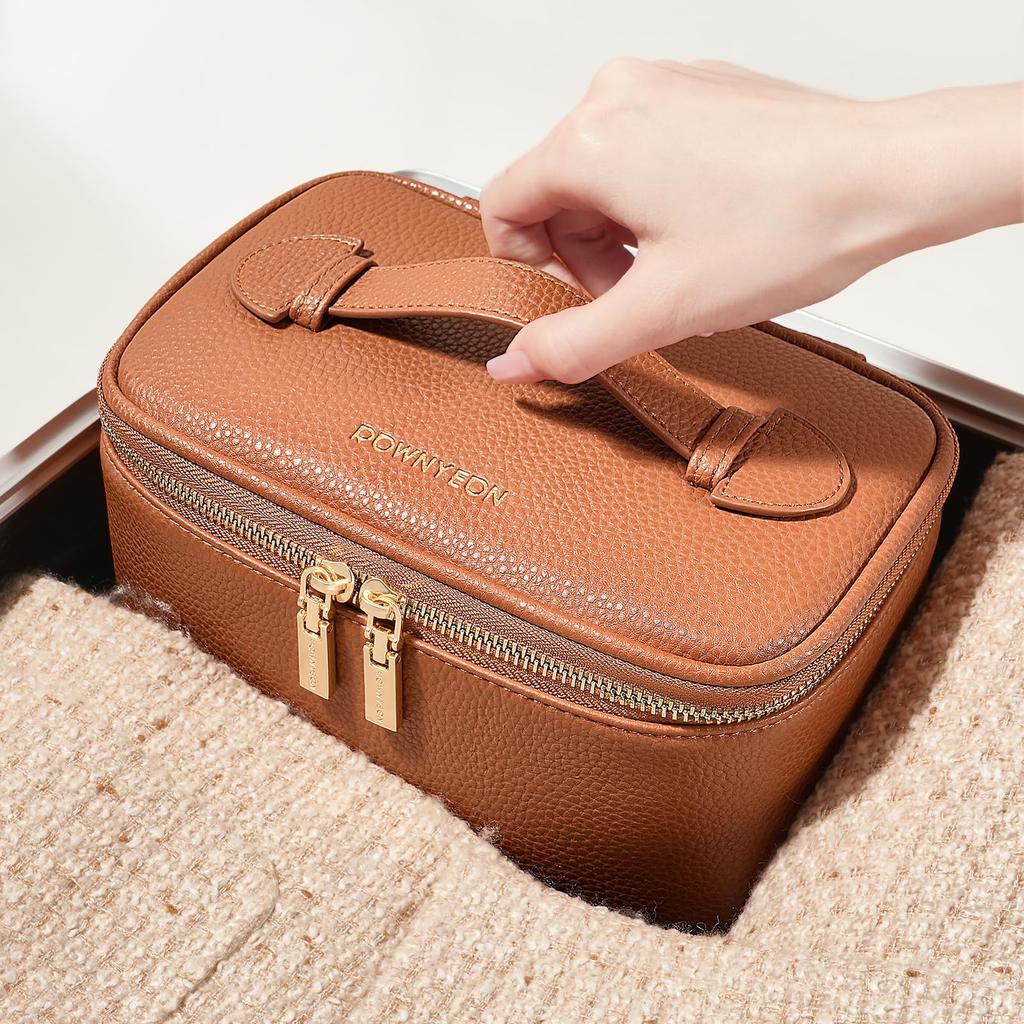 Rownyeon Makeup Large Cosmetic Pouch with Brush Vanity Cushion Travel Brown Pouch, Capacity, Pocket, Pouch, Pouch, Pouch, Waterproof, Lightweight,