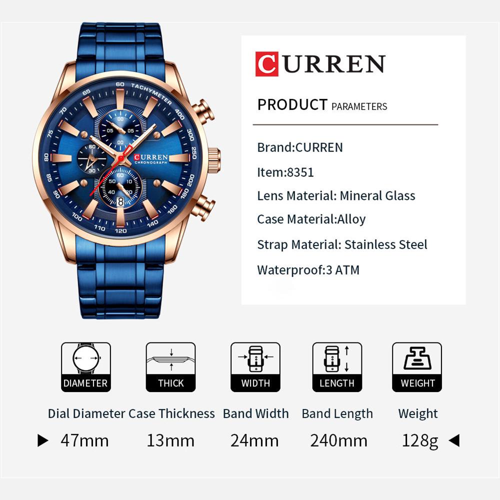 CURREN Man Watches Luxury Sporty Chronograph Wristwatches for Men Quartz Stainless Steel Band Clock Luminous Hands
