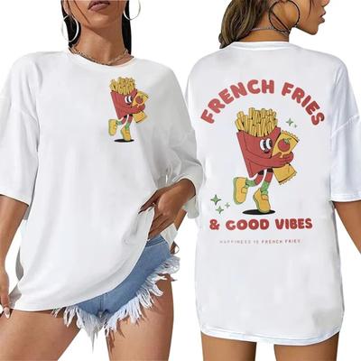 Женская футболка с принтом 'French Fries Good Vibes' Модный тренд Топ ВеснаЛето Чистый хлопок Унисекс Футболка с коротким рукавом