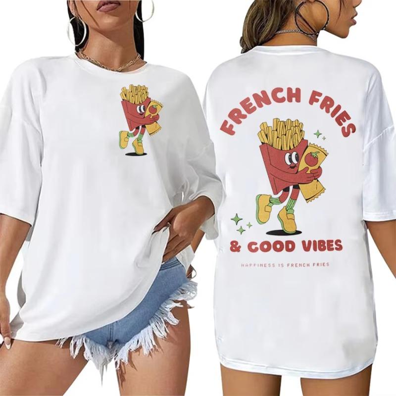 Женская футболка с принтом 'French Fries Good Vibes' Модный тренд Топ ВеснаЛето Чистый хлопок Унисекс Футболка с коротким рукавом