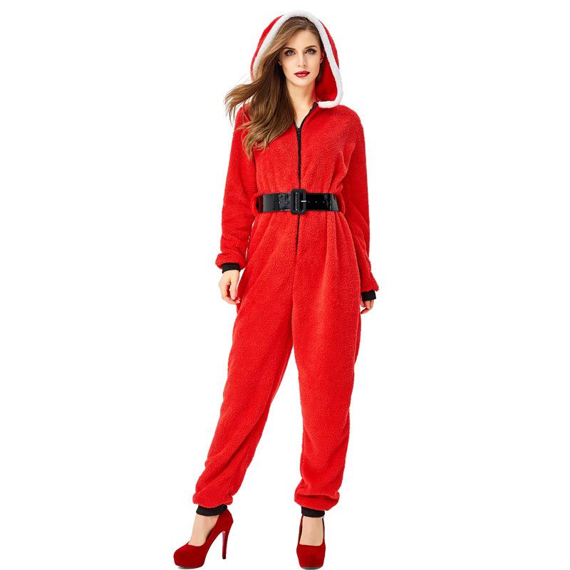 Adult Women Christmas Santa Claus New Year Xmas Red Elf Hooded Jumpsuit Belt Sets Halloween Role Play Dress Up Cosplay Costume
