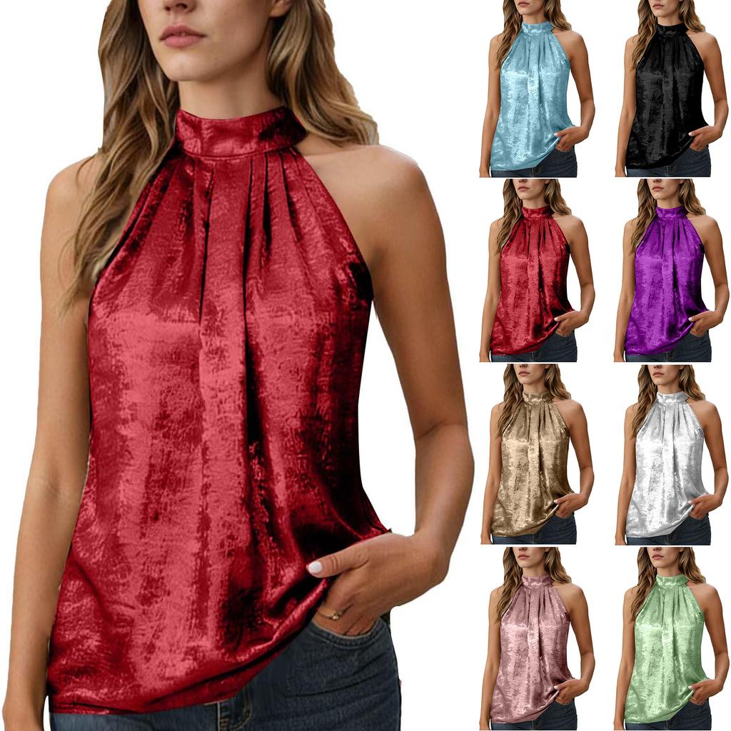 Женские Модные Вечерние Блузки Плиссированная Блузка с Воротником-стойкой Майки Без Рукавов