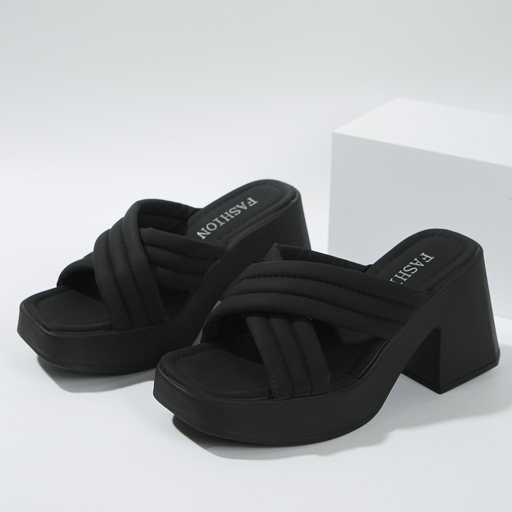 Summer Women's Platform Chunky Heel Slippers Retro Square Toe Slip On Mule Shoes for Women Outdoor Women's High Heel Slippers