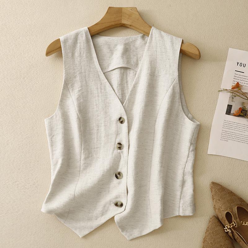 Женский летний льняной жилет с V-образным вырезом - Однотонный, без рукавов, облегающая майка