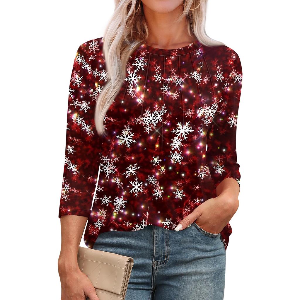 Женская модная футболка с круглым вырезом и рукавом 3/4 с принтом, повседневная, базовая, плиссированная, пуловер