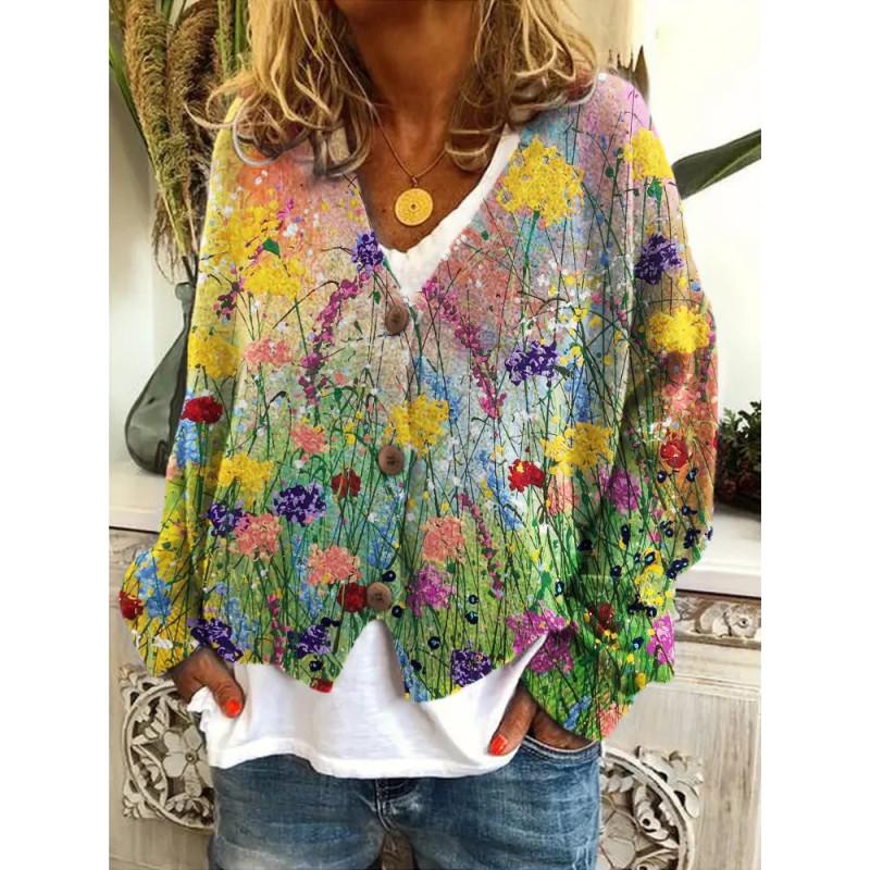 Womens Soft Knit Cardigan With 3D Digital Print Loose Fit Long Sleeve Open Front Sweater Casual Style