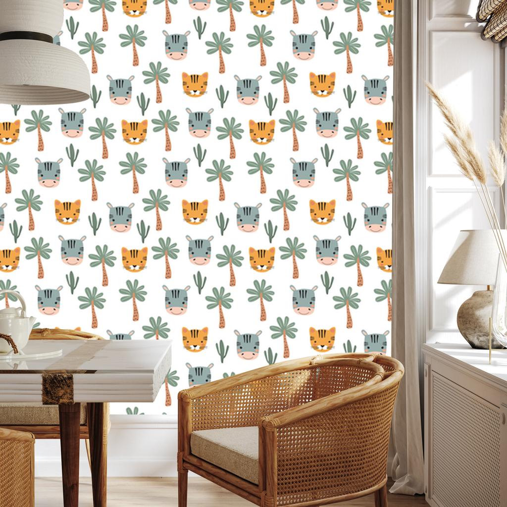 Animals, palms, cacti and green wallpaper for living room and bedroom 50x1000