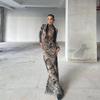 Mesh Print Women Maxi Dress Turtleneck Full Sleeve Bodycon Autumn Trendy Hipsters High Street Party Y2K Attirewear